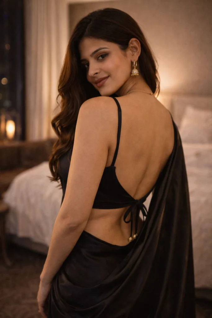 Rinky in hot black saree showing her back